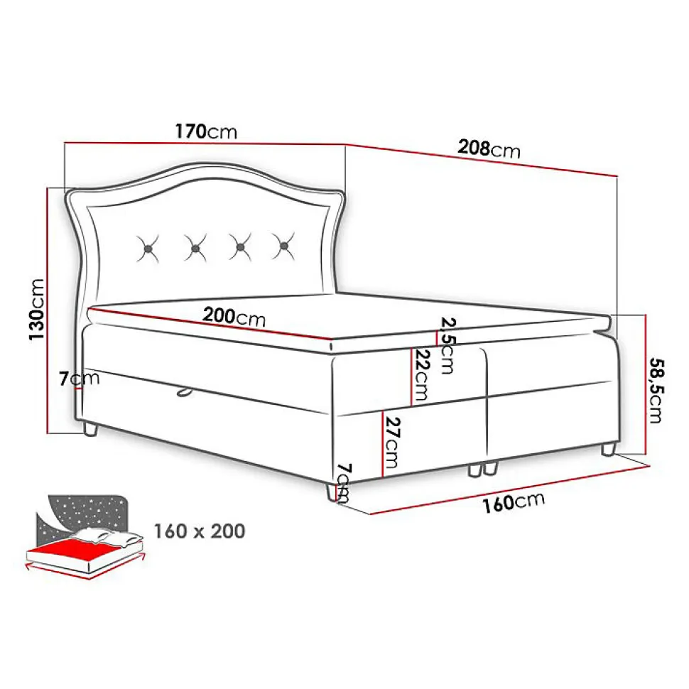Lit continental Baltimore 135, Double, Bleu, Tissu, Disponible