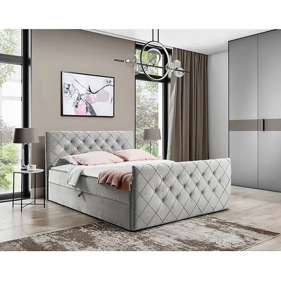 Lit continental Baltimore 158, Double, Gris, Tissu, Disponible