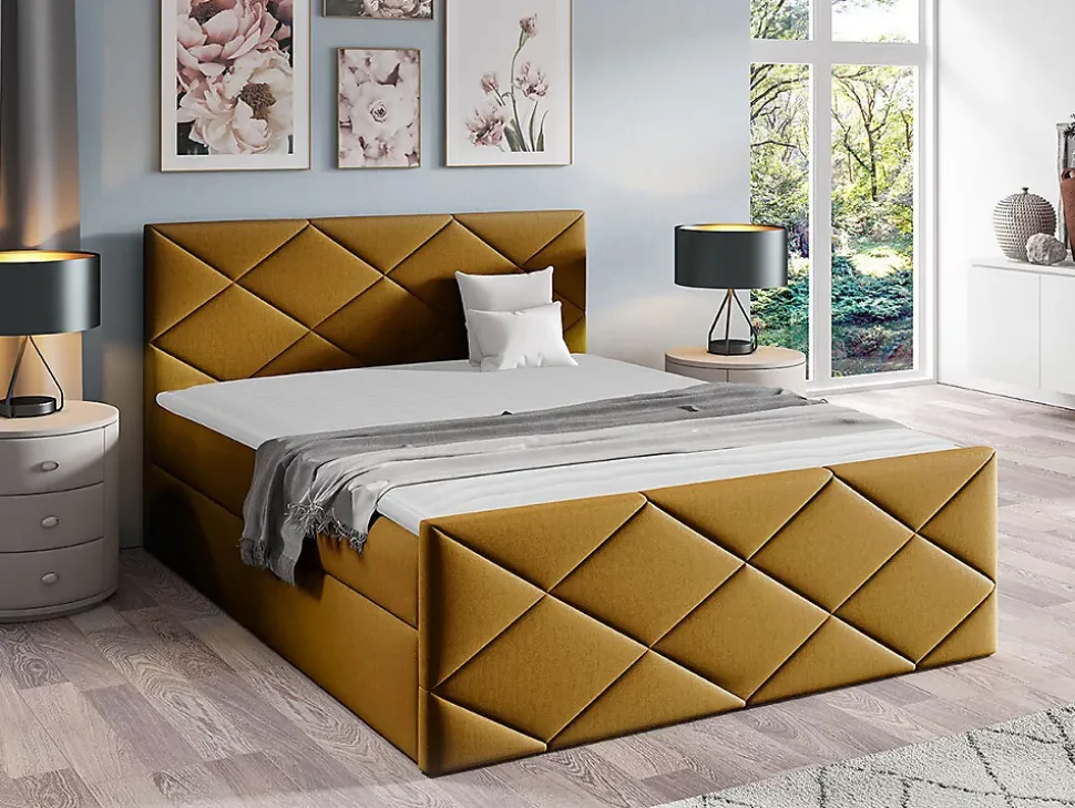 Lit continental Baltimore 155, Double, Jaune, Tissu, Disponible