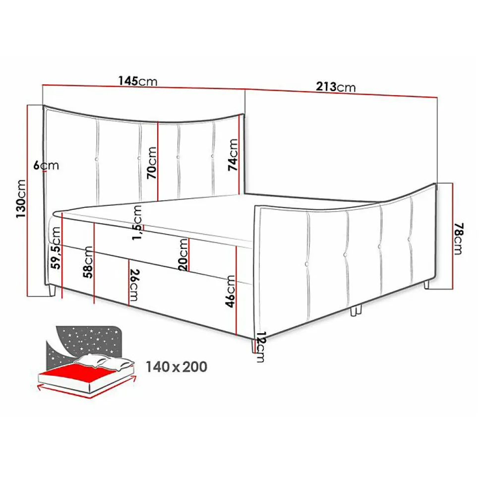 Lit continental Baltimore 177, Double, Jaune, Tissu, Disponible