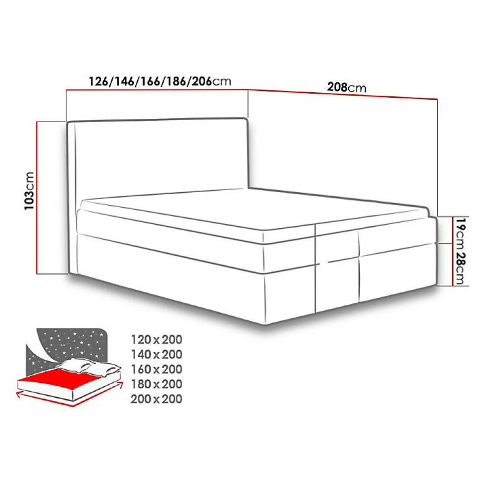 Lit continental Baltimore 126, Double, Rose, Tissu, Disponible