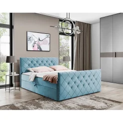 Lit continental Baltimore 158, Double, Bleu, Tissu, Disponible