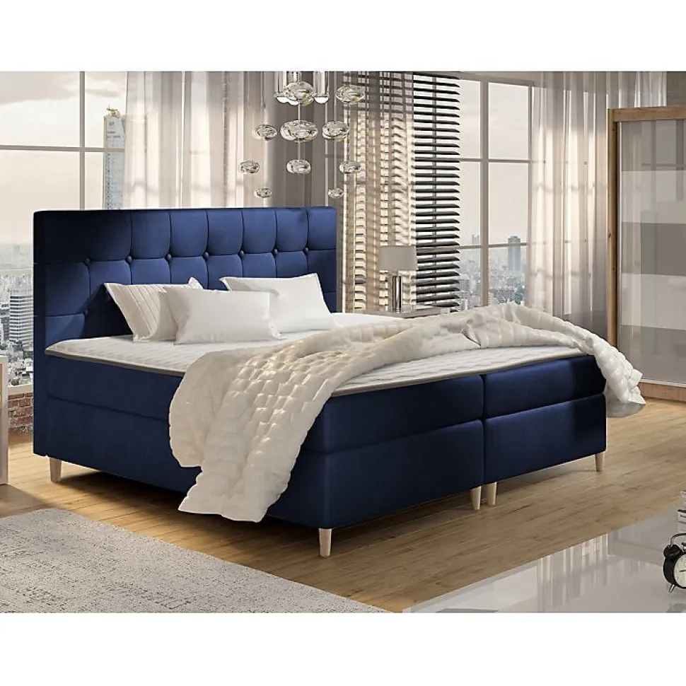 Lit continental Baltimore 130, Double, Bleu, Tissu, Disponible