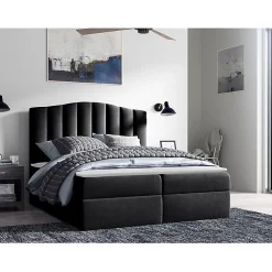 Lit continental Baltimore 153, Double, Noir, Tissu, Disponible