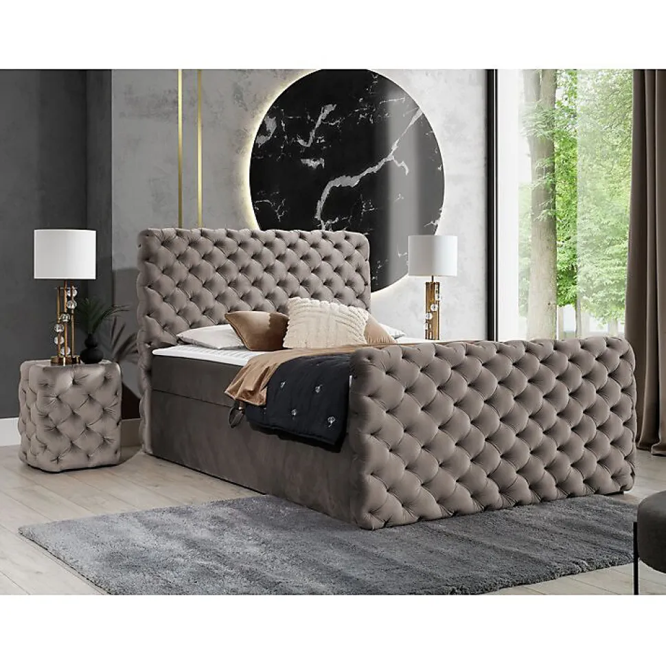 Lit continental Baltimore 186, Unique, Brun clair, Tissu, Disponible