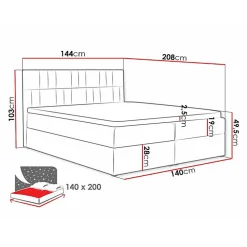Lit continental Baltimore 143, Double, Rouge, Tissu, Disponible