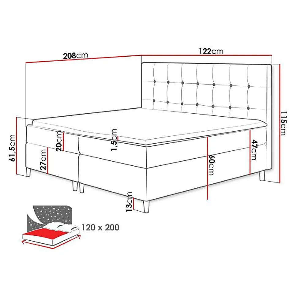 Lit continental Baltimore 130, Unique, Bleu, Tissu, Disponible
