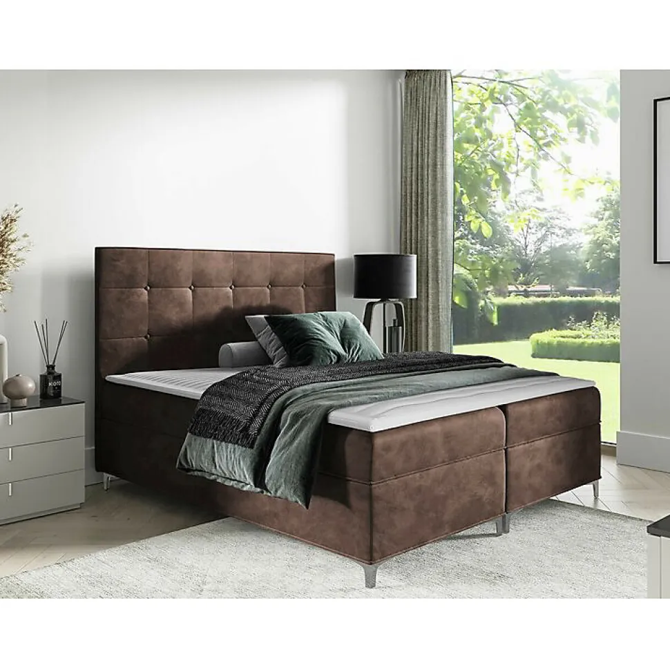 Lit continental Baltimore 185, Double, Marron, Tissu, Disponible