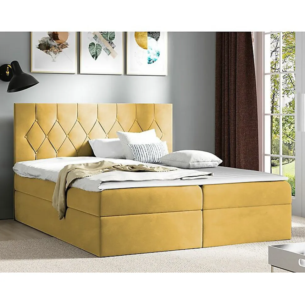 Lit continental Baltimore 159, Double, Jaune, Tissu, Disponible