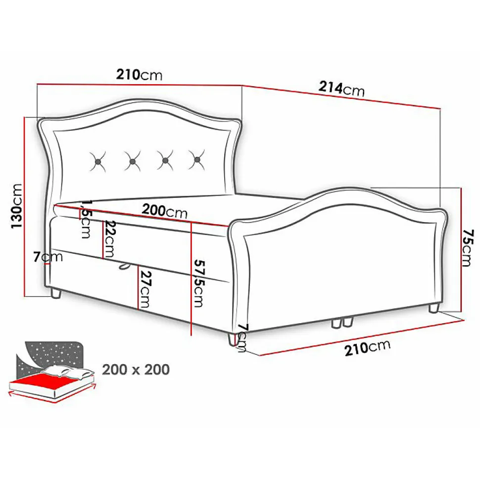 Lit continental Baltimore 136, Double, Bleu, Tissu, Disponible