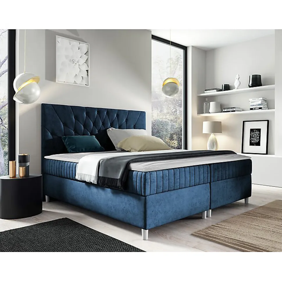 Lit continental Baltimore 175, Double, Bleu, Tissu, Disponible