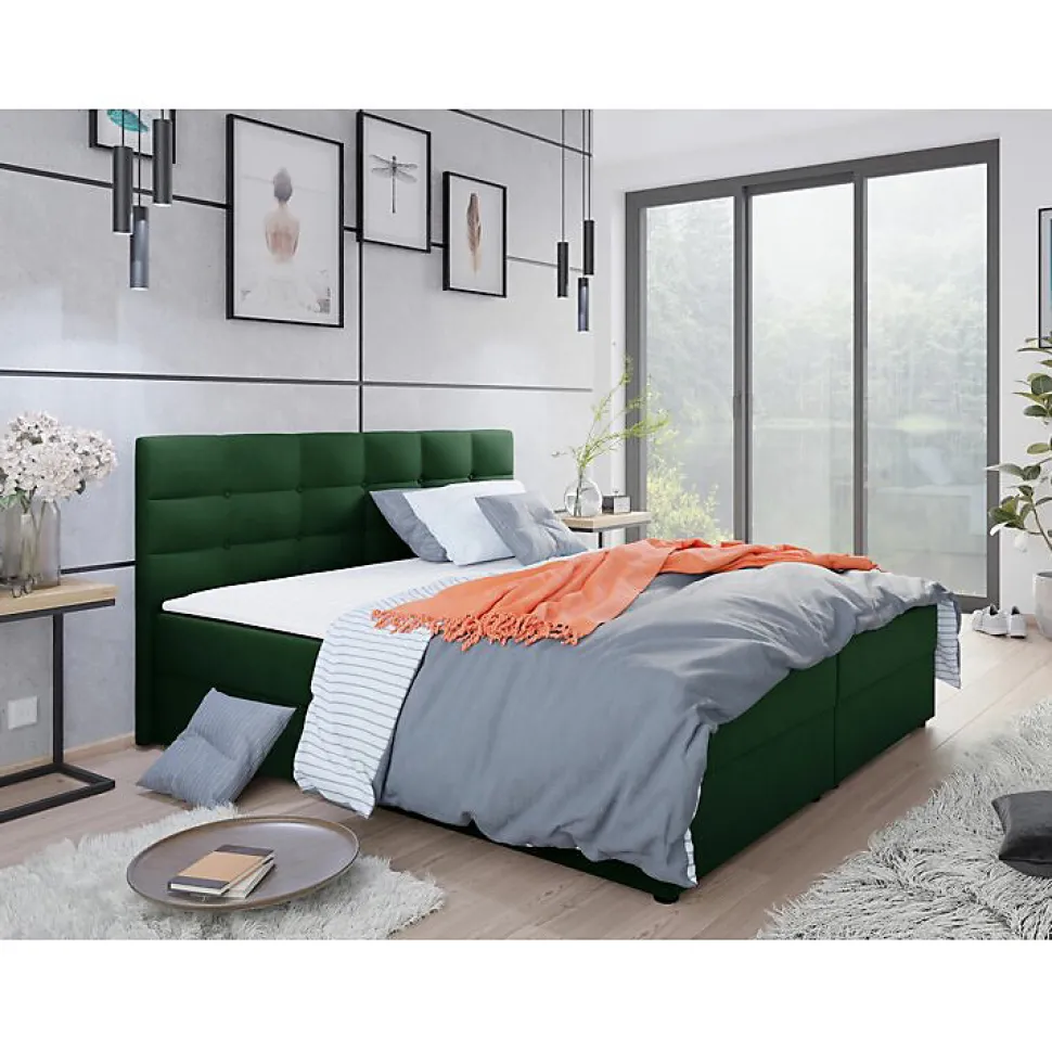 Lit continental Memphis 114, Double, Vert, Tissu, Disponible