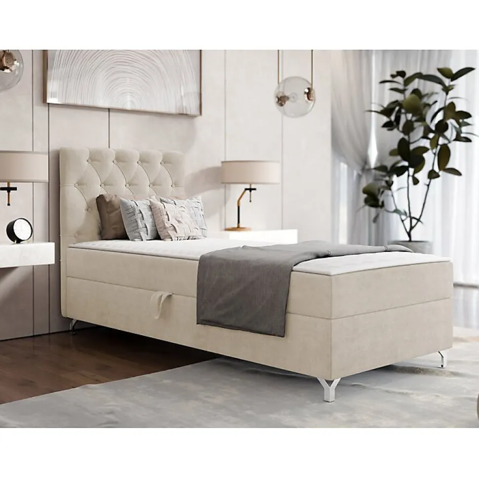 Lit continental Memphis 142, Unique, Brun clair, Tissu, Disponible