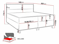 Lit continental Memphis 135, Double, Gris, Tissu, Disponible