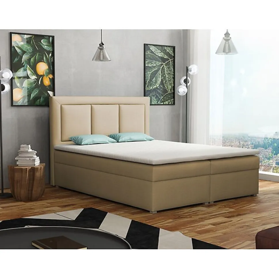 Lit continental Pomona 112, Double, Brun clair, Tissu, Disponible