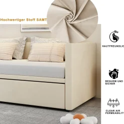 Lit convertible 90/180x200 cm, canapé avec roulettes, sommier à lattes, tissu velours beige