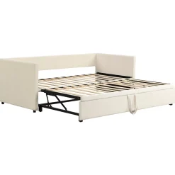 Lit convertible 90/180x200 cm, canapé avec roulettes, sommier à lattes, tissu velours beige