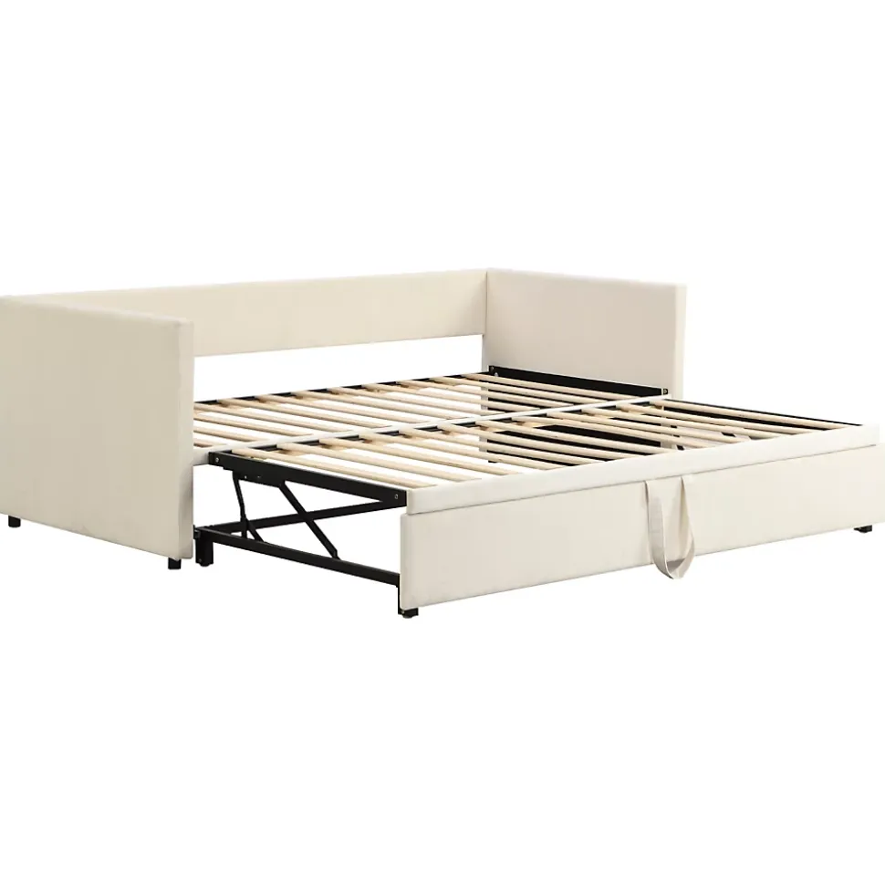 Lit convertible 90/180x200 cm, canapé avec roulettes, sommier à lattes, tissu velours beige