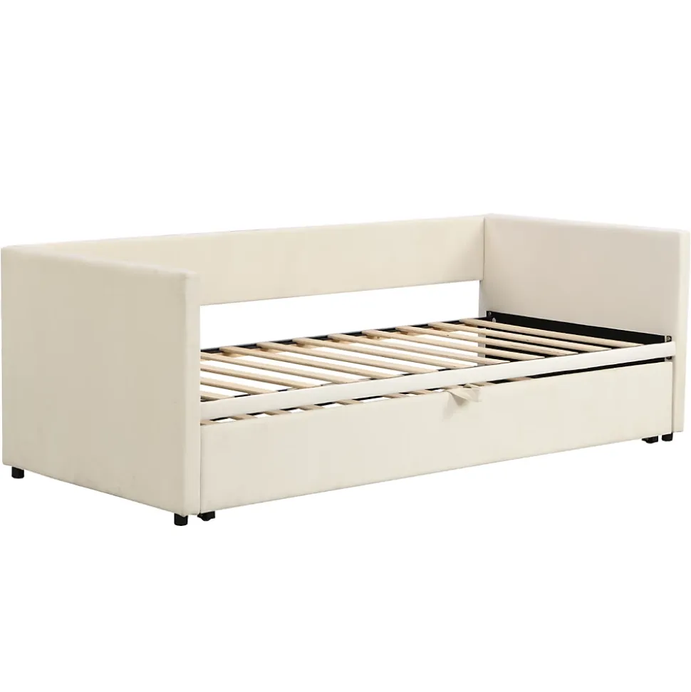 Lit convertible 90/180x200 cm, canapé avec roulettes, sommier à lattes, tissu velours beige