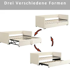 Lit convertible 90/180x200 cm, canapé avec roulettes, sommier à lattes, tissu velours beige