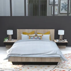 Lit COOL 140x190 cm + 2 chevets + sommier / Décor Chêne blanchi & noir