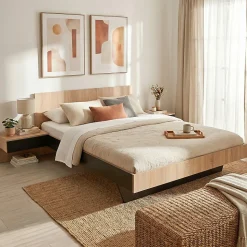 Lit COOL 140x190 cm + 2 chevets + sommier / Décor Chêne blanchi & noir