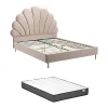 Lit coquillage 140 x 190 cm - Velours - Beige + Matelas - LIVAYA