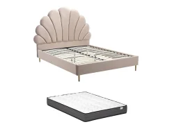 Lit coquillage 140 x 190 cm - Velours - Beige + Matelas - LIVAYA