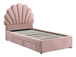Lit coquillage 90 x 190 cm avec 2 tiroirs - Velours - Rose - MOANA