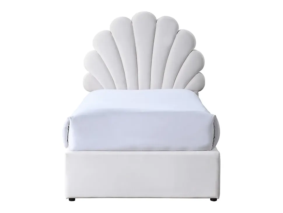 Lit coquillage 90 x 190 cm avec 2 tiroirs - Velours - Blanc + Matelas - MOANA