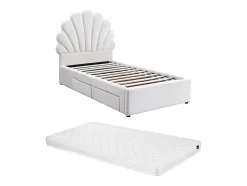 Lit coquillage 90 x 190 cm avec 2 tiroirs - Velours - Blanc + Matelas - MOANA