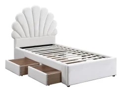 Lit coquillage 90 x 190 cm avec 2 tiroirs - Velours - Blanc + Matelas - MOANA