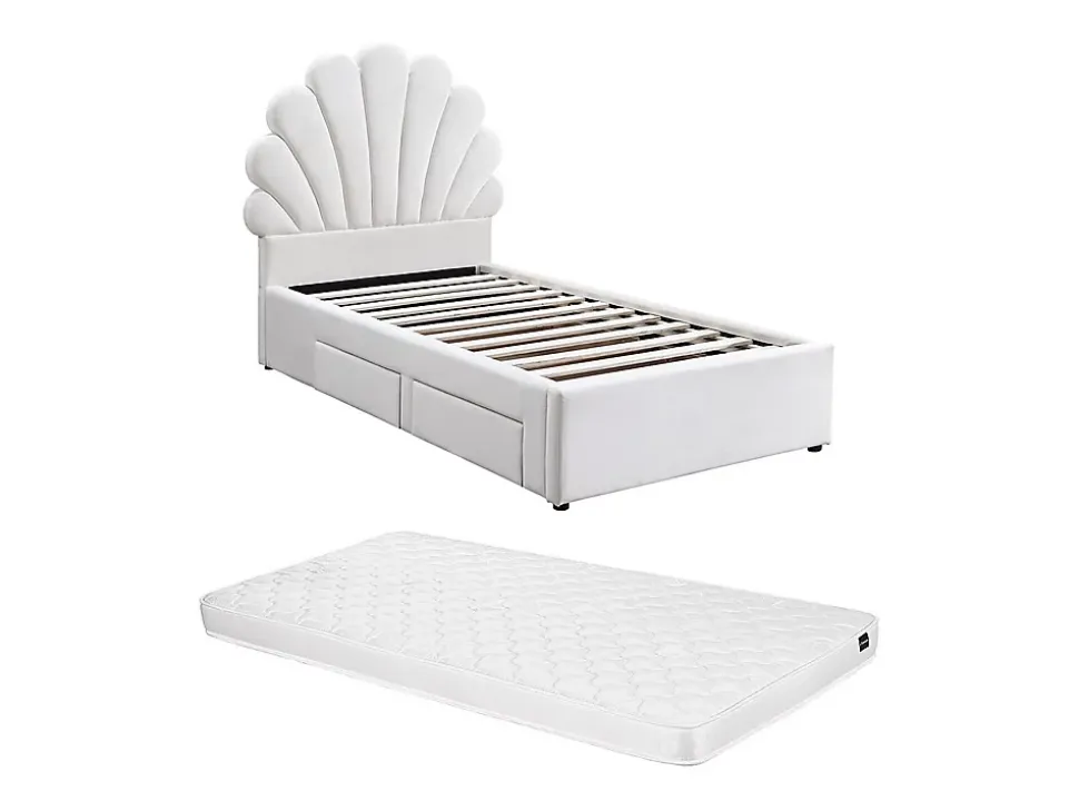 Lit coquillage 90 x 190 cm avec 2 tiroirs - Velours - Blanc + Matelas - MOANA