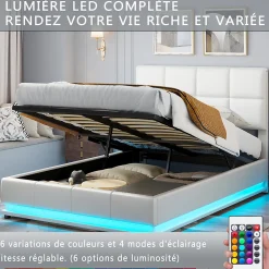 Lit d'ameublement 140x190 cm avec éclairage LED, cadre à lattes et tête de lit réglable, cuir synthétique, sans matelas, blanc