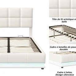 Lit d'ameublement 140x190 cm avec éclairage LED, cadre à lattes et tête de lit réglable, cuir synthétique, sans matelas, blanc