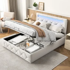 Lit d'ameublement 140x200, lit double LED avec espace de stockage et cadre à latte,sans matelas,abricot