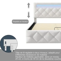 Lit d'ameublement 140x200, lit double LED avec espace de stockage et cadre à latte,sans matelas,abricot