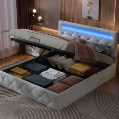 Lit d'ameublement 140x200, lit double LED avec espace de stockage et cadre à latte,sans matelas,abricot