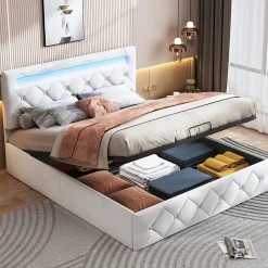 Lit d'ameublement 140x200, lit double LED avec espace de stockage et cadre à latte,sans matelas,abricot