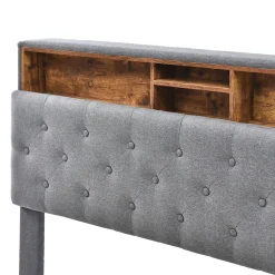 Lit Déco 140 x 200 Cm - Lit Double Capitonné avec Tête de Lit Coffre - Bois Massif et Lin - Sans Matelas - Gris