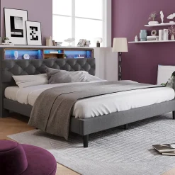 Lit Déco 140 x 200 Cm - Lit Double Capitonné avec Tête de Lit Coffre - Bois Massif et Lin - Sans Matelas - Gris