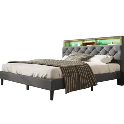 Lit Déco 140 x 200 Cm - Lit Double Capitonné avec Tête de Lit Coffre - Bois Massif et Lin - Sans Matelas - Gris