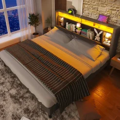 Lit Déco 140 x 200 Cm - Lit Double avec Chargement USB et LED - Bois Massif, Lin et Métal - Sans Matelas - Gris