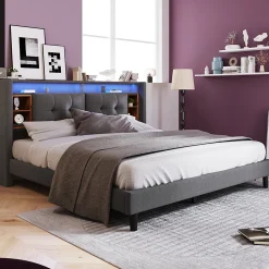 Lit Déco 140 x 200 Cm - Lit Double avec Chargement USB et LED - Bois Massif, Lin et Métal - Sans Matelas - Gris