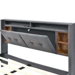 Lit Déco 140 x 200 Cm - Lit Double avec Chargement USB et LED - Bois Massif, Lin et Métal - Sans Matelas - Gris