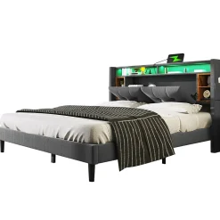 Lit Déco 140 x 200 Cm - Lit Double avec Chargement USB et LED - Bois Massif, Lin et Métal - Sans Matelas - Gris