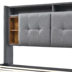 Lit Déco 160 x 200 Cm - Lit Double avec Chargement USB et LED - Bois Massif, Lin et Métal - Sans Matelas - Gris