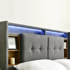 Lit Déco 160 x 200 Cm - Lit Double avec Chargement USB et LED - Bois Massif, Lin et Métal - Sans Matelas - Gris