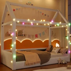 Lit de jour rembourré 90x200 cm, éclairage LED - beige