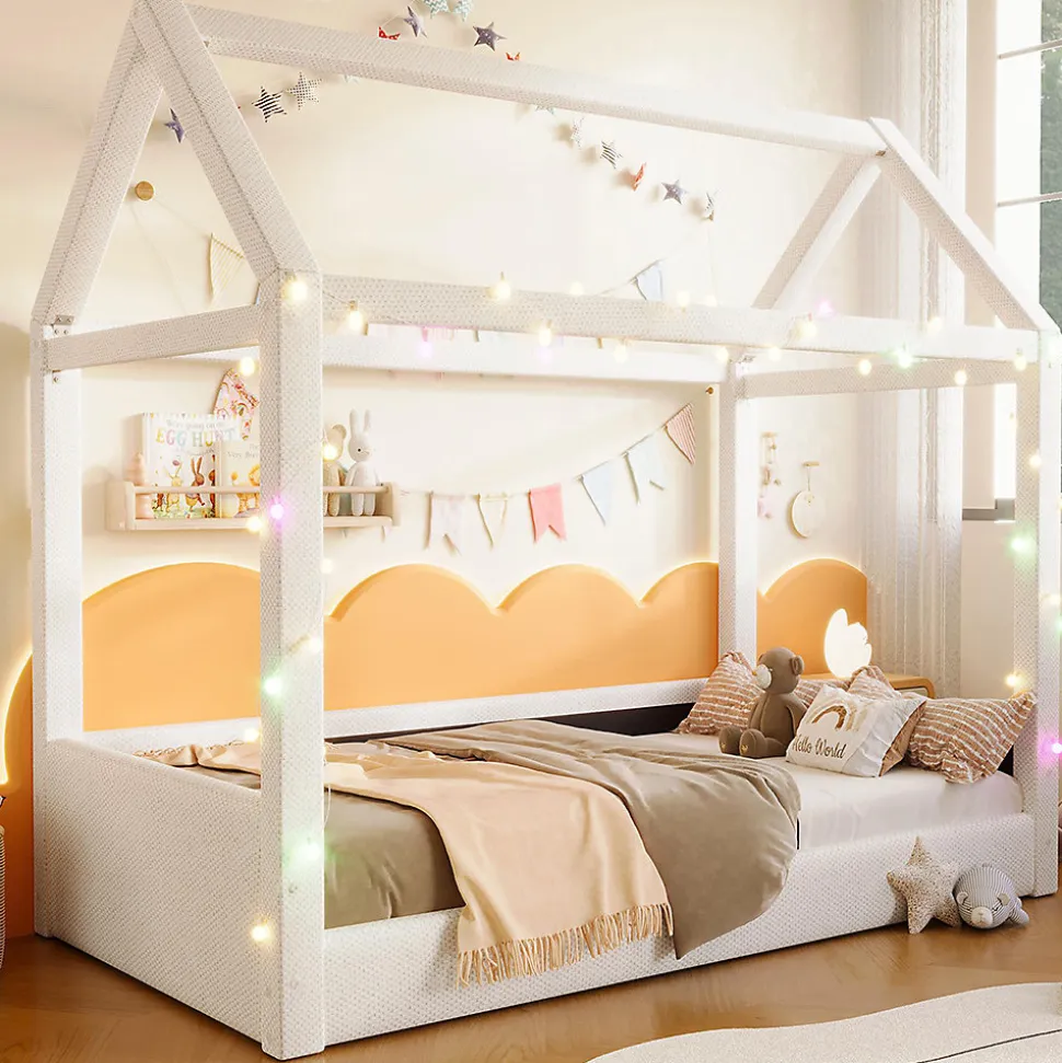 Lit de jour rembourré 90x200 cm, éclairage LED - beige